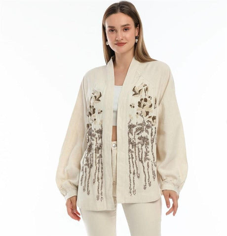 Çiçek İşlemeli Kimono yakın çekim - Chappal